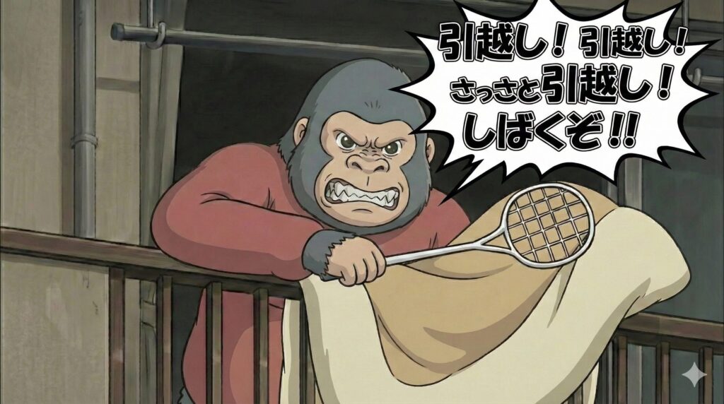 ベランダで怒りの表情を浮かべたゴリラが、布団たたきで干した布団を激しく叩いているアニメーションイラスト。