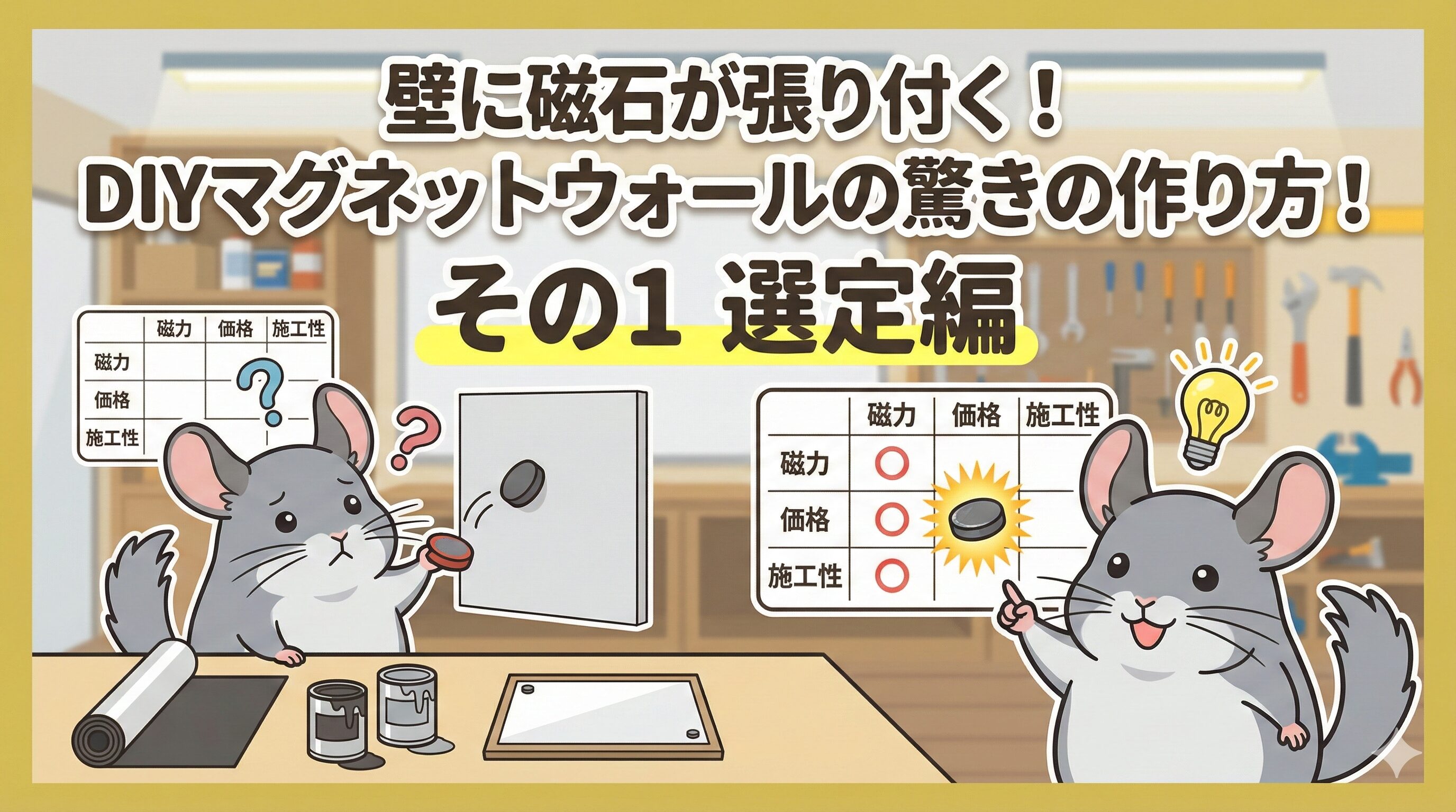 DIYでマグネットウォールを作るための材料（磁石シート、塗料など）を比較検討するチンチラのイラスト。磁力、価格、施工性の比較表を見て悩む様子と、最適な材料を選んでひらめく様子が描かれている。「壁に磁石が張り付く！DIYマグネットウォールの驚きの作り方！その１ 選定編」というタイトル文字入り。