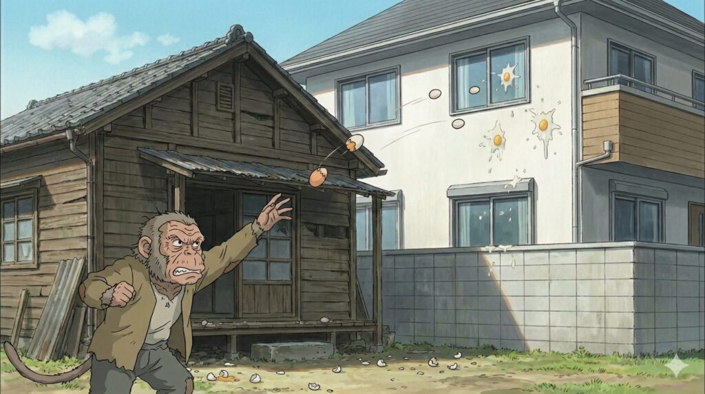 古い平屋の前で、怒りの表情を浮かべた老いた猿が、隣の新しい二階建て住宅の壁に向かって生卵を投げつけているアニメーションイラスト。新築の白い壁には複数の生卵が割れた跡が付着している。新旧の住宅の対比による近隣トラブルの様子を描写。