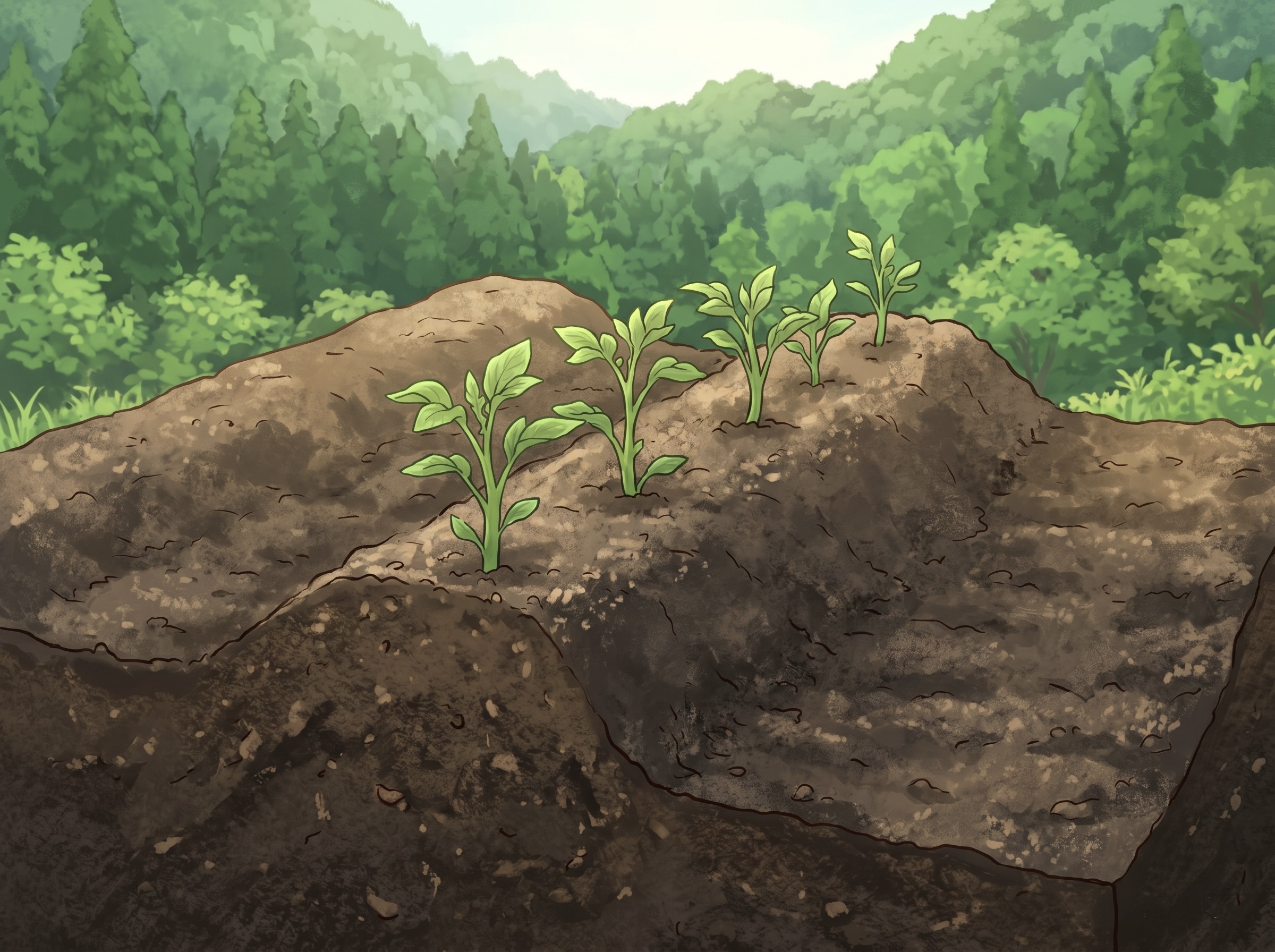じゃがいもの若芽5〜6本と株元の土寄せの俯瞰イラスト