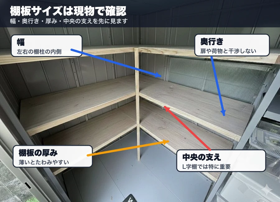 物置内の実際のDIY棚で幅・奥行き・棚板の厚み・中央の支えを示した写真